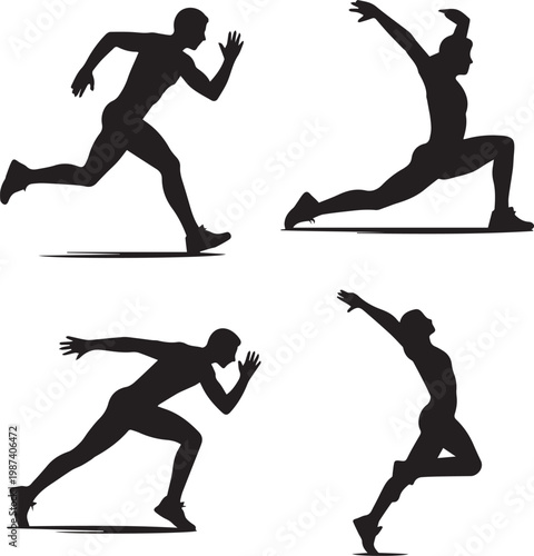 Four silhouetted runners in black on white background silhouettes jogging exercise fitness de
