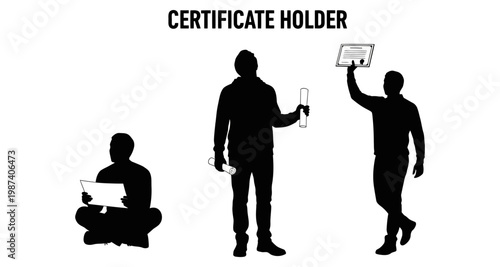 Graduation certificate holder silhouettes showing achievement and success during commencement ceremony