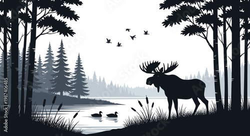 Moose standing by serene forest lake.
