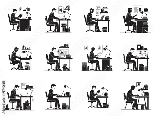 flat design office workers multitasking at desks vector illustration set