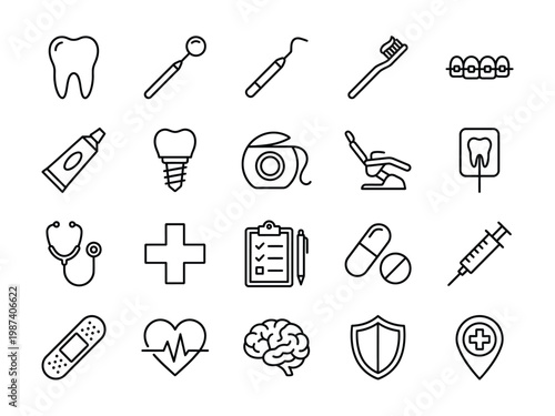 Medical and dental healthcare icon set including dentistry tools first aid equipment and wellness symbols with healthcare medicine equipment hospital stethoscope wellness emergency treatment