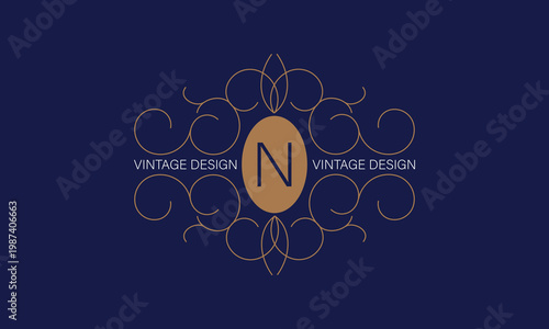 Vintage frame with letter N in the center. Floral logo for monograms, invitations, frames, menus and labels. Graphic design for websites, cafes, boutiques, hotels and wedding invitations.
