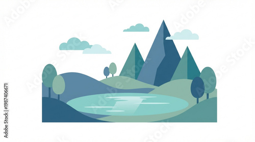 Mountain peaks landscape with trees hills.