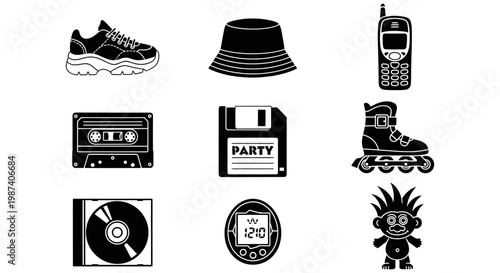 Retro 90s party icons including sneakers, hat, phone, cassette, roller skates, and music media