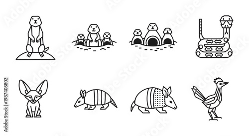 black and white line drawings of various animals including dog, rabbit, armadillo, and bird