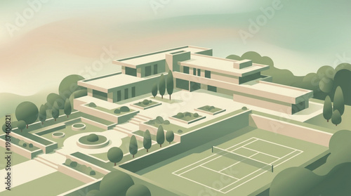 Modern Building with Tennis Court.