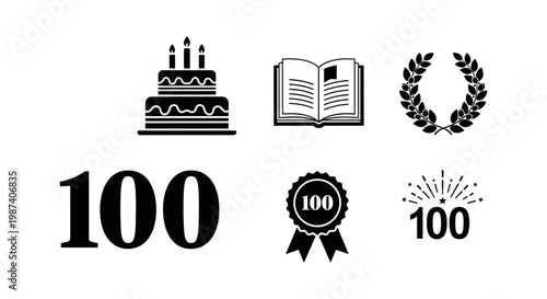 Black and white icons celebrating 100th anniversary or century milestone with cake, book, laurel wreath, and award ribbon