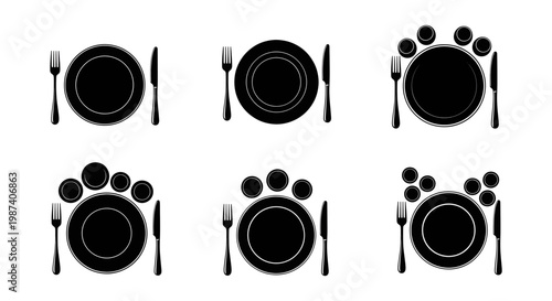 Six different table settings with plates, utensils, and glasses illustrated in black on white background