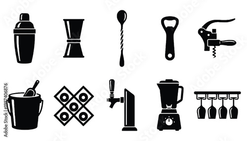 A set of black barware icons on a white background