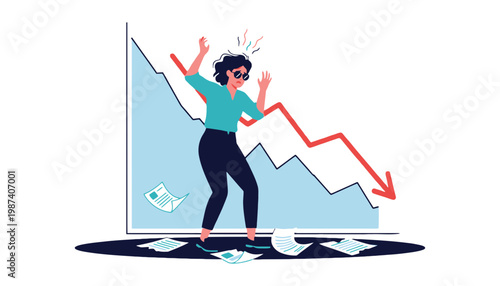 A worried businesswoman reacting to a declining financial graph on screen
