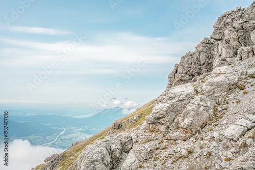 Rocky Slope of Thaneller Mountain with View towards Saeuling Peak, Alpine Landscape over the Lechtal Valley and Reutte, Dramatic Limestone Formations, Tyrol, Austria, Europe