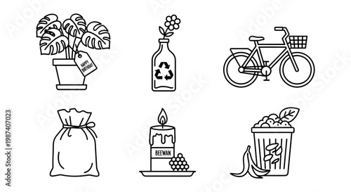Eco friendly icons set including recycling symbol, trash can, and biodegradable waste bag