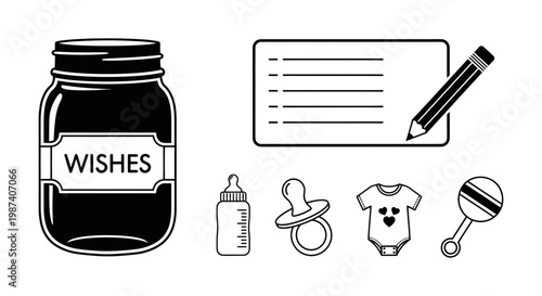Black and white illustration of baby items and a jar with wishes for expecting parents