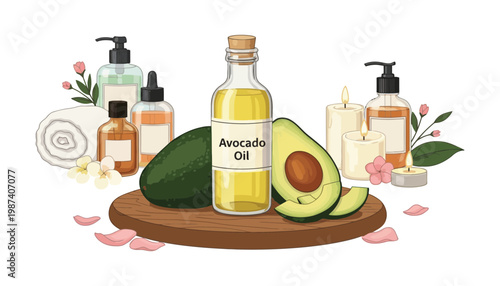 Avocado oil illustration with beauty products and candles on a wooden board