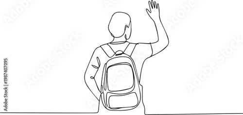 A person with a backpack waves their hand in a friendly gesture isolated on white background