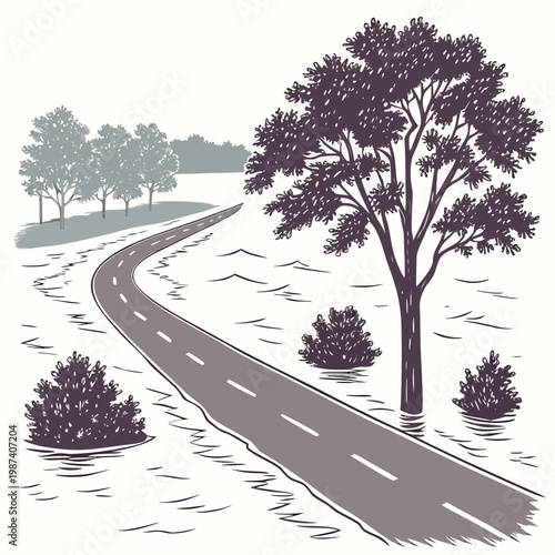 Tree and bushes on flooded roadside water