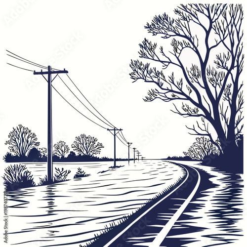 Road and power lines through flooded landscape water