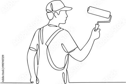 A line drawing of a man holding a paint roller and wearing a cap