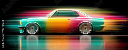 cyberpunk-inspired car design using multicolor light streaks, motion flow lighting style, dark minimal background