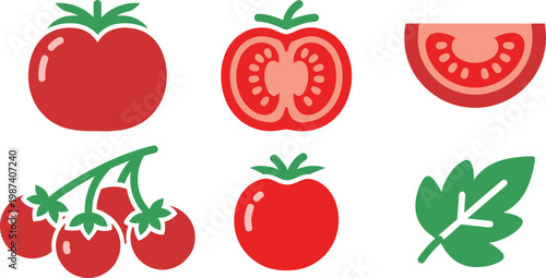 Tomato variations whole halved sliced and vine with leaves isolated on transparent background
