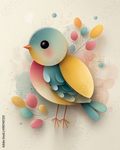 Stylish Cartoon Bird Pose rendered as flat vector design for kids, geometric feather layers and clean background with soft gradients