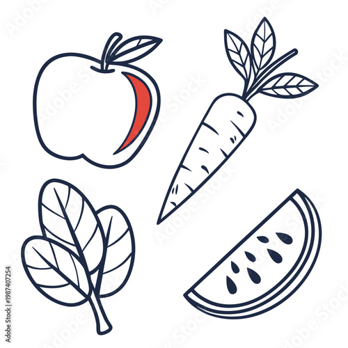 Fresh fruit and vegetables line black and white apple