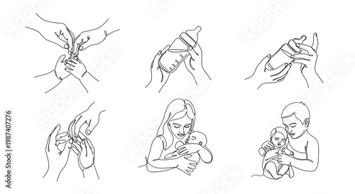 Line art illustrations of breastfeeding techniques and mother and baby bonding moments