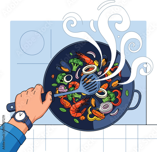 Hand Stirring Vegetables in a Pan.