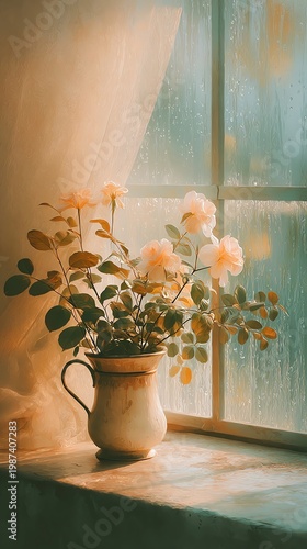 quiet monsoon corner as cinematic twilight mood, golden haze behind pouring rain near a quiet window, rich depth and soft emotion