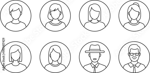 Eight sketched portrait icons of diverse people isolated on transparent background in oval frames