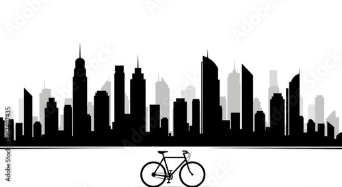 City skyline silhouette with bicycle below urban transportation concept