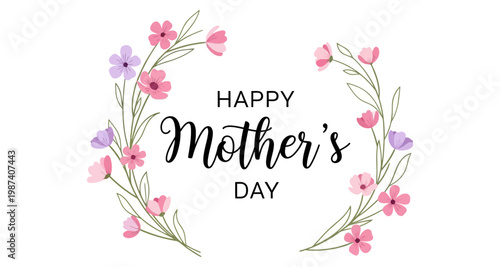 Happy Mother's Day text with delicate floral wreath illustration