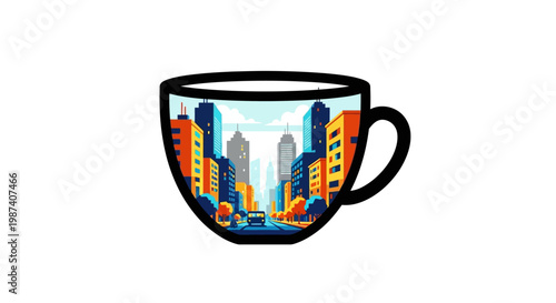Cityscape inside coffee cup illustration urban scene modern graphic design