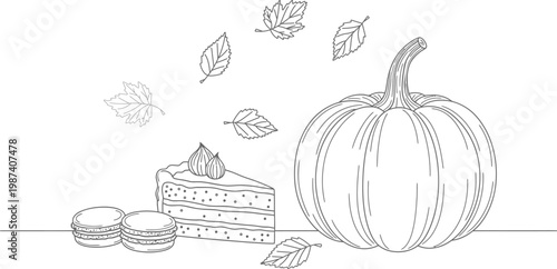 Autumn still life pumpkin pie and apples isolated on transparent background