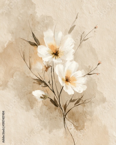 minimal floral line art background on faded paper texture in vintage botanical sketch style