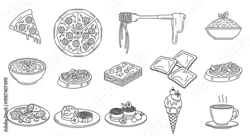 A variety of food and drink items.