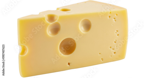 Slice of emmental cheese isolated on transparent background closeup, triangular piece of delicious swiss cheese with holes, maasdam cheese, dutch cheese.