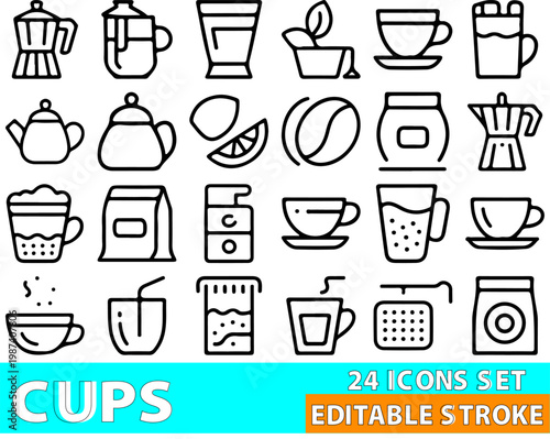 Cup icons showcase a variety of beverage containers and brewing equipment, including coffee cups, teacups, mugs, teapots, coffee makers, and beverage glasses, rendered as clear outline graphics for.