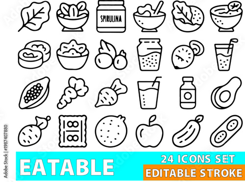 Edible icons present a diverse array of fresh and healthy food items, including various fruits, vegetables, leafy greens, nuts, and grains, depicted as clean line art for dietary and wellness content.