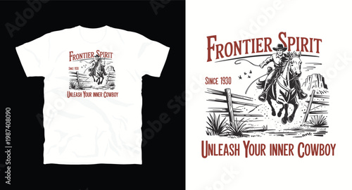 Frontier spirit cowboy riding horse vintage style with lasso and fence.