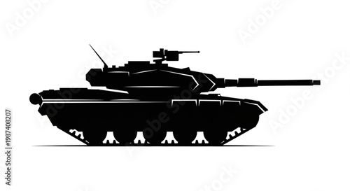A black silhouette of a military tank on a white background