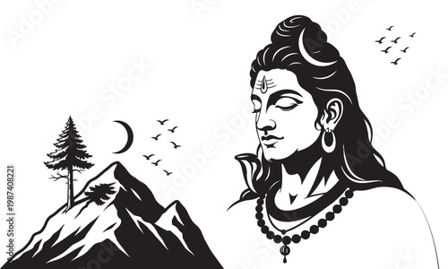 Shiva with Mountain and Flying Birds Spiritual Nature Scene.