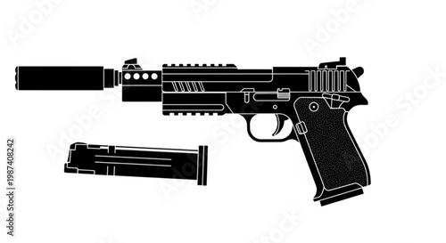 A black and white vector graphic illustration of a handgun with a silencer and magazine