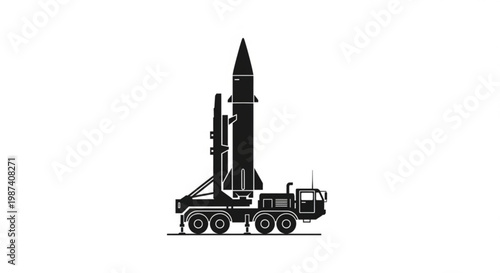 A black silhouette of a rocket launcher on a truck against a white background