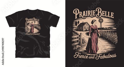 Prairie belle fierce and fabulous woman walking in rural farm landscape vintage engraving.