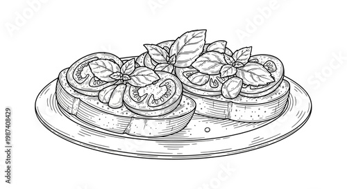 Delicious bruschetta with fresh basil leaves.