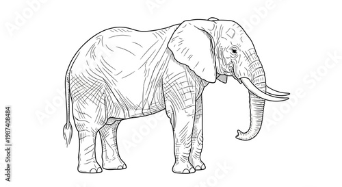 A detailed line drawing of an elephant.