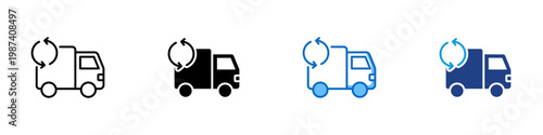 Shipping Process Multiple Style Icon Design Vector - Delivery truck with circular arrows representing shipping cycle, logistics flow, and transportation process
