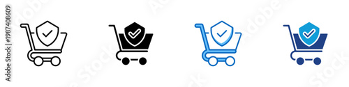 Secure Checkout Multiple Style Icon Design Vector - Shopping cart with shield checkmark representing safe payment process, ecommerce protection, and trusted purchase