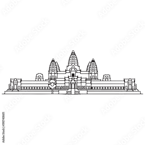 Angkor Wat Cambodia temple complex minimalist black line art vector illustration for travel and tourism